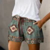 Beach Shorts Summer High Waist Elastic Waistband Short Pants Pockets Women Shorts Retro Print Drawstring Loose Shorts Streetwear