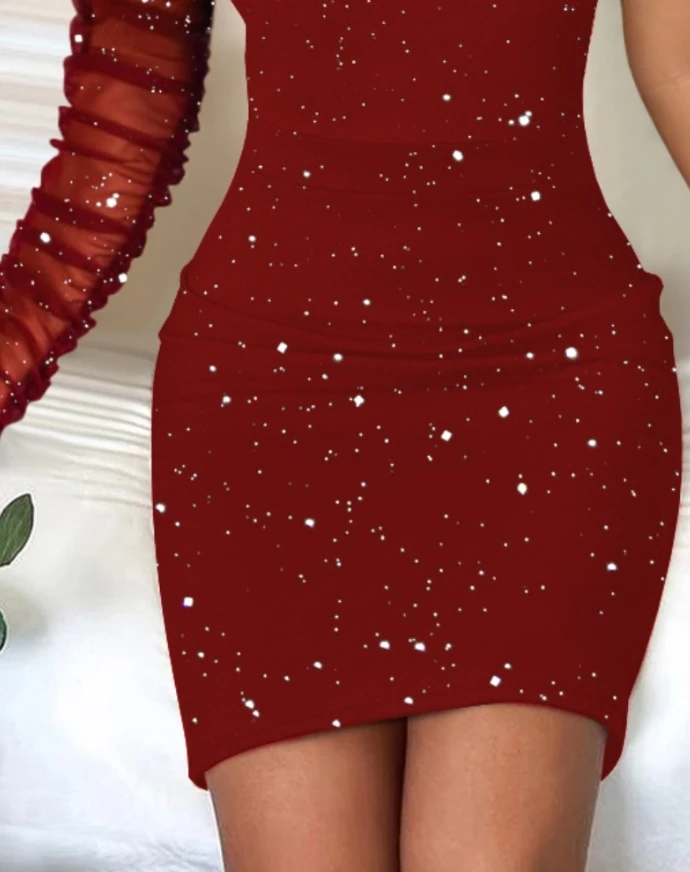 Elegant Dresses for Women Luxury Glamorous Glitter One Shoulder Long Sleeve Bodycon Dress Sheer Mesh Patchwork Ruched Mini Dress - Image 2
