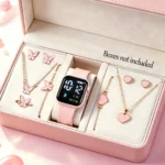 10-Piece Set, Cute Pink Led Electronic Watch for Girls with Adorable Butterfly and Heart Jewelry, Casual and Everyday Wear, Simple and Stylish, Perfect Holiday or Birthday Gift for Her.