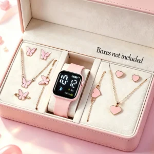 10-Piece Set, Cute Pink Led Electronic Watch for Girls with Adorable Butterfly and Heart Jewelry, Casual and Everyday Wear, Simple and Stylish, Perfect Holiday or Birthday Gift for Her.